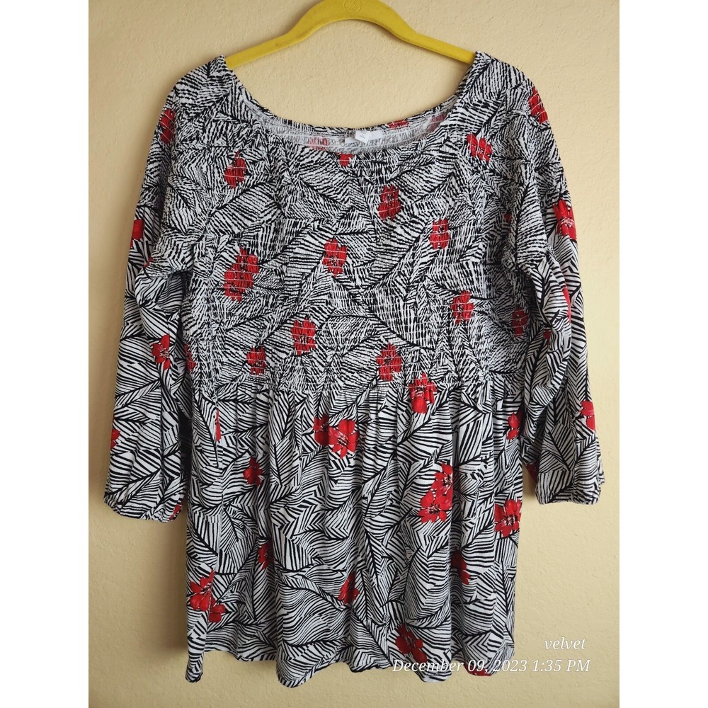 J. Jill Womens Large Petite Smocked Floral Leaf Print 3/4 Sleeve Knit Top Black‎